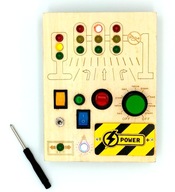 Drewniana tablica manipulacyjna z LED - sygnalizacja świetlna. Montessori