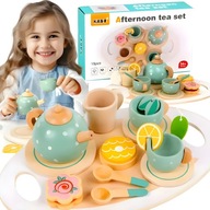 Drewniany zestaw do herbatki 15 el. filiżanki talerzyki czajnik serwis