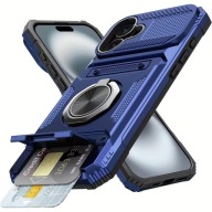 Etui Pancerne iPhone 16 z Ringiem 360° + Schowek na Kartę Niebieskie