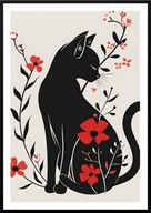 A2 KOLOROWY OBRAZ PLAKAT Z KOTEM, CZARNY KOT WŚRÓD CZERWONYCH KWIATÓW