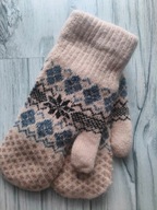 Rękawiczki damskie wełniane beżowe ocieplane wzór z jednym palcem