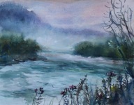 Rzeka las jesienią Akwarela Sabina Salamon 30x24