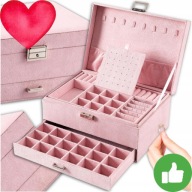 SZKATUŁKA NA BIŻUTERIĘ KUFEREK RÓŻOWY POJEMNY ORGANIZER ZAMEK KLUCZ