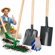 ZESTAW NARZĘDZI OGRODOWYCH 3SZT ŁOPATA SZPADEL GRABKI + RĘKAWICE ROBOCZE
