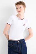 T-shirt damski biały slim fit ze wzorem z haftem rozmiar S