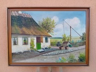 STARY DUŻY OBRAZ OLEJNY NA PŁÓTNIE sygnowany ,,Wieś z dawnych lat ''
