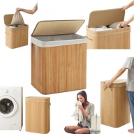 SKŁADANY DUŻY KOSZ NA PRANIE BAMBUSOWY DWUKOMOROWY POJEMNY ELEGANCKI ŁADNY
