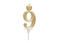 Brokatowa świeczka złota z sercem cyfra 9
