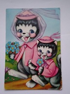 Nasi przyjaciele - Koty - Mama i córka z kwiatami - pocztówka dziecięca