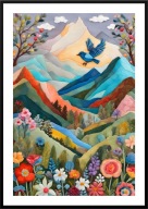 KOLOROWY PLAKAT OBRAZ A2 KOLOROWE GÓRY KRAJOBRAZ NIEBIESKI PTAK PATCHWORK