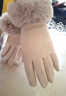 RĘKAWICZKI JASNOBEŻOWE FUTERKIEM ocieplane zima vintage miłe kożuchem sexy