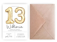 Zaproszenia urodzinowe dla nastolatki na trzynaste urodziny złote balony