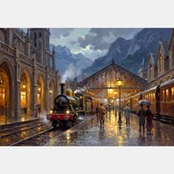 Stary pociąg lokomotywa peron obraz olejny na płótnie 58x85 ludzie góry art