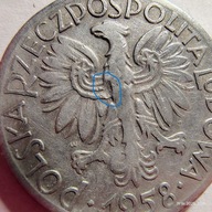 5 ZŁ RYBAK,1958, rzadki destrukt, wgniecenie.