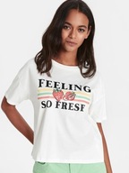 H & M t-shirt biały owoce truskawki print vintage cekiny napis boho nadruk