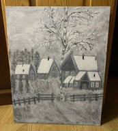 Zimowy pejzaż rękodzieło kolor biel i różne odcienie szarości.