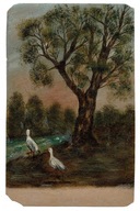 BOCIANY POD ROZŁOŻYSTYM DRZEWEM OBRAZEK RĘCZNIE MALOWANY POCZTÓWKA OK. 1900