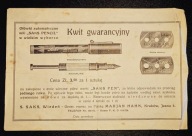 Kwit Gwarancyjny na wieczne pióro marki SAKS PEN