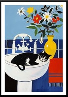 A2 KOLOROWY PLAKAT DO ŁAZIENKI TOALETY WC CZARNO-BIAŁY KOT W UMYWALCE