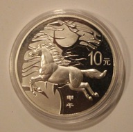ROK KONIA - CHIŃSKI ZNAK ZODIAKU - 10 YUAN CHINY, POSREBRZANY, RZADKOŚĆ