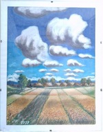 Łany zbóż polne kwiaty chałupy pod strzechą pastel