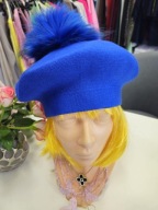 Beret chabrowy, r. Uni pompon futrzany wełna, wiskoza, kaszmir !!!