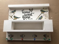 Wieszak na klucze z póleczka - home sweet home - ptaszki - biały