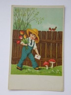 Chłopiec z kwiatami i listem - stara pocztówka wydawnictwo EHR