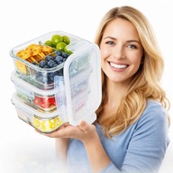 ZESTAW 3x Pojemnik Na Żywność Lunchbox GRUBE Szkło Trzykomorowe Hermetyczne