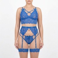 Komplet Bielizny Koronkowej Pas do Pończoch Stringi Niebieski L