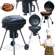GRILL OGRODOWY WĘGLOWY DUŻY OKRĄGŁY STALOWY RUSZT TERMOMETR + POPIELNIK