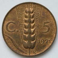 Włochy 5 centesimi 1921 - Wiktor Emanuel III - kłos - stan menniczy
