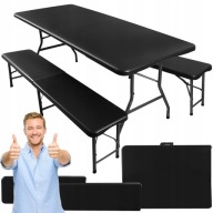 STÓŁ OGRODOWY ROZKŁADANY SKŁADANY CZARNY OGRODOWY + 2 ŁAWKI WYTRZYMAŁY