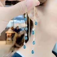 KOLCZYKI DŁUGIE WISZĄCE DIAMENTY sylwestrowe NIEBIESKIE DŁUGIE MODNE