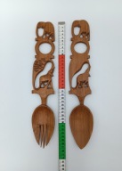 Słonie łyżka i widelec misternie wyrzeźbione z drewna vintage Kenia 37cm