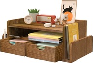 Przybornik organizer drewniany duży na biurko z szufladą na dokumenty