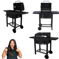 GRILL OGRODOWY WĘGLOWY DUŻY ŻELIWNY RUSZT Z POKRYWĄ + TERMOMETR + KOŁA