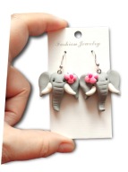 KOLCZYKI Z MODELINY FIMO SZARE SŁONIE NA PREZENT