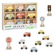 Zestaw pojazdów i znaków drogowych Tooky Toy 12 elementów autka drewniane