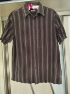 KOSZULA MĘSKA BRĄZOWA W BEŻOWE PASKI Z KRÓTKIM RĘKAWEM R.38