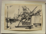 Borowski Bohdan Gdańsk Port z dźwigami rysunek tuszem niesygnowany ok 1950