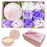 FLOWERBOX KOMPOZYCJA KWIATOWA MYDLANE RÓŻE + ŚWIECA ZAPACHOWA WALENTNYKI