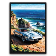 Plakat z ramą 50x70cm Auto Klif Ocean Widok Samochód Krajobraz Plaża Styl