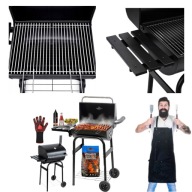 GRILL WĘGLOWY OGRODOWY DUŻY POKRYWA +TERMOMETR PÓŁKI NA KÓŁKACH STALOWY 9W1