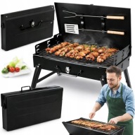 GRILL OGRODOWY TURYSTYCZNY SKŁADANY PRZENOŚNY WALIZKA KEMPING + SZTUĆCE