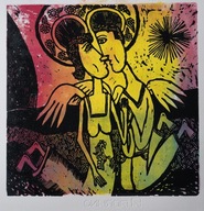 Zakochane Anioły. 30 × 30 cm. 2025 r. (linoryt kol.)