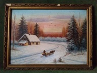 Zimowy zmierzch - stary ręcznie malowany obraz olejny