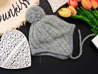 Lindex - szara czapeczka warkocz , pompon r 46/48