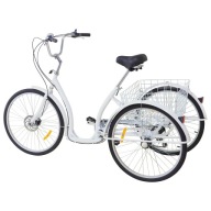 Rower Trójkołowy Biały 26 cali, 120kg, 6 Biegów. Z koszykiem.