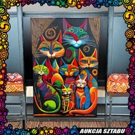 Kolorowe Koty – Oryginalny Obraz 60 × 40 cm